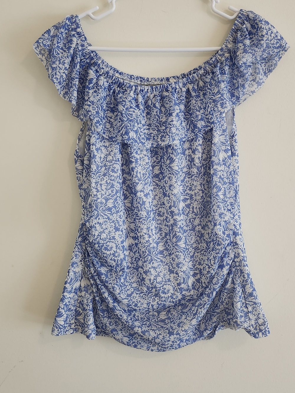 Chaps Blue and White Floral Off-Shoulder Camisole